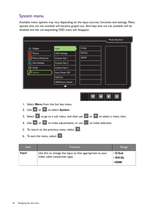 Page 4444  Navigating the main menu  
System menu
Available menu options may vary depending on the input sources, functions and settings. Menu 
options that are not available will become grayed out. And keys that are not available will be 
disabled and the corresponding OSD icons will disappear.
1.  Select 
Menu from the hot key menu.
2.  Use   or   to select 
System.
3.  Select   to go to a sub menu, and then use   or   to select a menu item.
4.  Use   or   to make adjustments, or use   to make selection.
5....