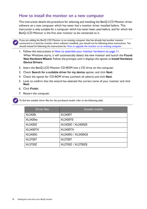 Page 2626  Getting the most from your BenQ monitor  
How to install the monitor on a new computer
This instruction details the procedure for selecting and installing the BenQ LCD Monitor driver 
software on a new computer which has never had a monitor driver installed before. This 
instruction is only suitable for a computer which has never been used before, and for which the 
BenQ LCD Monitor is the first ever monitor to be connected to it.
1.  Follow the instructions in How to assemble your monitor hardware...