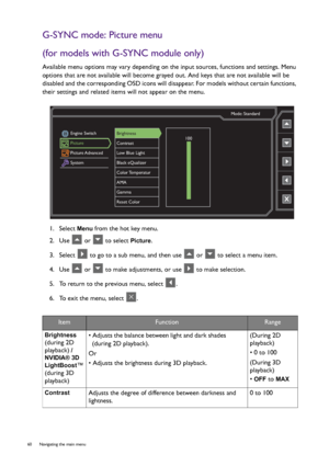 Page 6060  Navigating the main menu  
G-SYNC mode: Picture menu
(for models with G-SYNC module only)
Available menu options may vary depending on the input sources, functions and settings. Menu 
options that are not available will become grayed out. And keys that are not available will be 
disabled and the corresponding OSD icons will disappear. For models without certain functions, 
their settings and related items will not appear on the menu.
1.  Select 
Menu from the hot key menu.
2.  Use   or   to select...