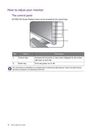 Page 2828  How to adjust your monitor  
How to adjust your monitor
The control panel
All OSD (On Screen Display) menus can be accessed by the control keys.
  
No.NameDescription
1.   Control keys Accesses the functions or menu items displayed on the screen, 
right next to each key.
2.   Power key Turns the power on or off.
1
2
The control keys are embedded in a touchpad and are indicated by LED indicators. Touch of an LED indicator 
represents pressing the corresponding control key.
 