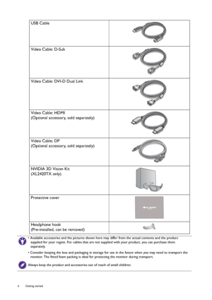 Page 66  Getting started  
USB Cable
Video Cable: D-Sub 
Video Cable: DVI-D Dual Link
Video Cable: HDMI
(Optional accessory, sold separately)
Video Cable: DP
(Optional accessory, sold separately)
NVIDIA 3D Vision Kit
(XL2420TX only)
Protective cover
Headphone hook
(Pre-installed, can be removed)
• Available accessories and the pictures shown here may differ from the actual contents and the product 
supplied for your region. For cables that are not supplied with your product, you can purchase them 
separately....