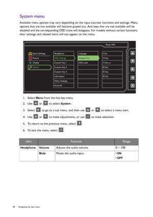 Page 4848  Navigating the main menu  
System menu
Available menu options may vary depending on the input sources, functions and settings. Menu 
options that are not available will become grayed out. And keys that are not available will be 
disabled and the corresponding OSD icons will disappear. For models without certain functions, 
their settings and related items will not appear on the menu.
1.  Select 
Menu from the hot key menu.
2.  Use   or   to select 
System.
3.  Select   to go to a sub menu, and then...