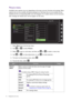 Page 4242  Navigating the main menu  
Picture menu
Available menu options may vary depending on the input sources, functions and settings. Menu 
options that are not available will become grayed out. And keys that are not available will be 
disabled and the corresponding OSD icons will disappear. For models without certain functions, 
their settings and related items will not appear on the menu.
1.  Select 
Menu from the hot key menu.
2.  Use   or   to select 
Picture.
3.  Select   to go to a sub menu, and then...