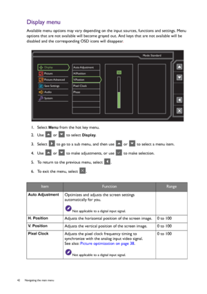 Page 4242  Navigating the main menu  
Display menu
Available menu options may vary depending on the input sources, functions and settings. Menu 
options that are not available will become grayed out. And keys that are not available will be 
disabled and the corresponding OSD icons will disappear.
1.  Select 
Menu from the hot key menu.
2.  Use   or   to select 
Display.
3.  Select   to go to a sub menu, and then use   or   to select a menu item.
4.  Use   or   to make adjustments, or use   to make selection.
5....