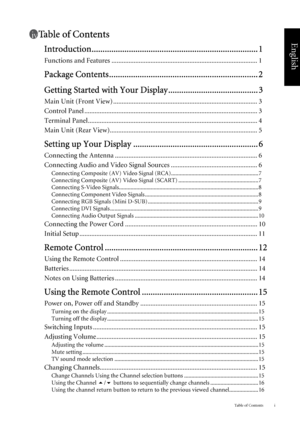 Page 5Table of Contents i
English
Ta b l e  o f  C o n t e n t s
Introduction............................................................................ 1
Functions and Features ...................................................................................... 1
Package Contents.................................................................... 2
Getting Started with Your Display ......................................... 3
Main Unit (Front View)...