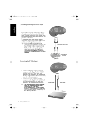 Page 26Setting-up the display device
22
English
Connecting the Composite Video input
Connecting the S-Video input 
Connect the Composite Video output of your 
AV equipment to the Composite Video (AV3) 
input terminals on the back of the display using 
the Composite Video cable (RCA connector, not 
provided) as illustrated.
A Composite Video cable consists of three 
connectors: Yellow (video), White (left channel 
audio), and Red (right channel audio).
Composite Video input is the most 
commonly used signal...