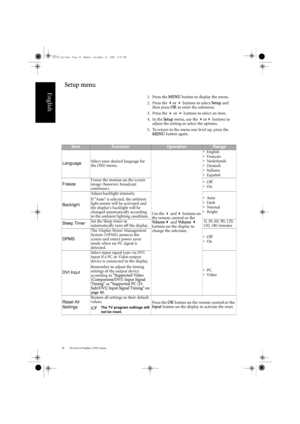 Page 40On-Screen Display (OSD) menu
36
English
Setup menu
1. Press the  MENU button to display the menu.
2. Press the  or   buttons to select  Setup and 
then press  OK to enter the submenu.
3. Press the   or   buttons to select an item.
4. In the  Setup menu, use the  or  buttons to 
adjust the setting or select the options.
5. To return to the menu one level up, press the  MENU  button again.
ItemFunctionOperationRange
Language Select your desired language for 
the OSD menu.
Use the  and   buttons on...