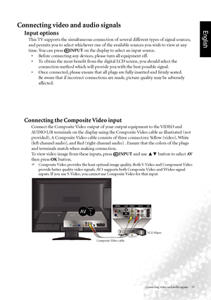 Page 28English
Connecting video and audio signals     25
Connecting video and audio signals
Input options
This TV supports the simultaneous connection of several different types of signal sources, 
and permits you to select whichever one of the available sources you wish to view at any 
time. You can press 
 INPUT on the display to select an input source.
•		 Before	connecting	any	devices, 	please	turn	all	equipment	off.
•		 To	obtain	the	most	benefit	from	the	digital	LCD	screen, 	you	should	select	the...