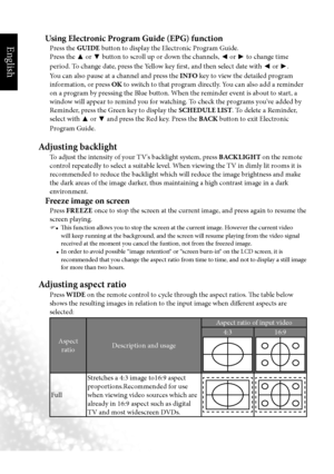Page 25English
22 Using the remote control
Using Electronic Program Guide (EPG) function
Press the GUIDE  button to display the Electronic Program Guide.
Press the  ▲ or 
▼ button to scroll up or down the channels, 
◄ or 
► to change time 
period. To change date, press the Yellow key first, and then select date with  ◄ or 
►. 
You can also pause at a channel and press the INFO  key to view the detailed program 
information, or press OK  to switch to that program directly. You can also add a reminder 
on a...