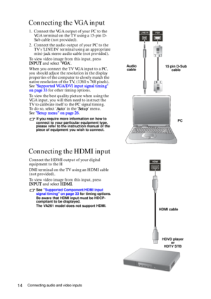 Page 14Connecting audio and video inputs14
Connecting the VGA input 
Connecting the HDMI input
1. Connect the VGA output of your PC to the 
VGA terminal on the TV using a 15-pin D-
Sub cable (not provided).
2. Connect the audio output of your PC to the 
TVs LINE IN terminal using an appropriate 
mini-jack stereo audio cable (not provided).
To view video image from this input, press 
INPUT and select VG A.
When you connect the TV VGA input to a PC, 
you should adjust the resolution in the display 
properties of...