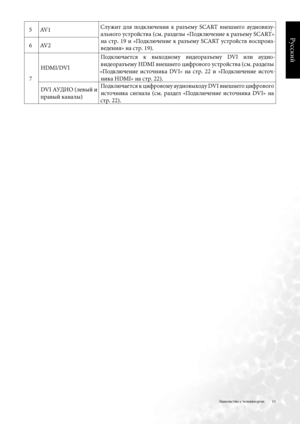 Page 11

Русский

Знакомство с телевизором
5AVСлужит  дл\b  подключени\b  к  разъему  SCART  внешнего  аудиовизу-
ального устройства (см . разделы «Подключение к разъему SCART»  на  стр .  9  и  «Подключение  к  разъему  SCART  устройств  воспроиз
-
ведени\b» на стр . 9) .6AV2
7
HDMI/DVI
Подключаетс\b  к  выходному  видеоразъему  DVI  или  аудио-
видеоразъему HDMI внешнего цифрового устройства (см . разделы 
«Подключение  источника  DVI»  на  стр .  22  и  «Подключение  источ- ника...