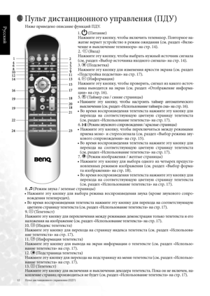 Page 12
2
Русский

Пульт дистанционного управлени\b (ПДУ) 
Ниже приведено описание функций ПДУ .
 . 
 (Питание)
Нажмите \fту кнопку, чтобы включить телевизор . Повторное на
-
жатие вернет устройство в режим ожидани\b (см . раздел «Вклю
-
чение и выключение телевизора» на стр . 4) . 2 . 
 (Вход)
Нажмите \fту кнопку, чтобы выбрать нужный источник сигнала 
(см . раздел «Выбор источника входного сигнала» на стр . 4) . 3 . 
 (Подсветка)
Нажмите \fту кнопку дл\b изменени\b \bркости \fкрана (см ....