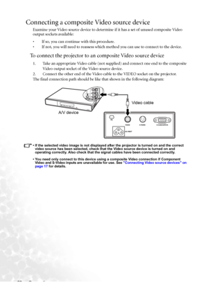 Page 28Connection 20
Connecting a composite Video source device
Examine your Video source device to determine if it has a set of unused composite Video 
output sockets available: 
• If so, you can continue with this procedure.
• If not, you will need to reassess which method you can use to connect to the device.
To connect the projector to an composite Video source device
1. Take an appropriate Video cable (not supplied) and connect one end to the composite 
Video output socket of the Video source device.
2....