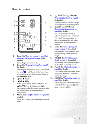 Page 15Introduction 9
Remote control
1. Power (See Start up on page 21 and Shut-
ting down the projector on page 30 for 
details.)
Turns the projector on or off. 
2. Freeze (See Freezing the image on page 29 
for details.)
The image is frozen when FREEZE is pressed. 
An icon   will display in the lower right 
corner of the screen. To release the function, 
press FREEZE again.
3. Up, Down
4. Left, Right
When the on-screen menu is activated, the 
Up, Down, Left, and Right 
buttons are used as directional arrows...