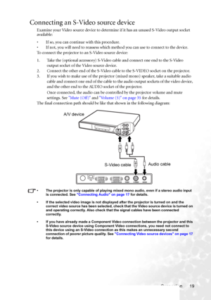 Page 25Connection 19
Connecting an S-Video source device
Examine your Video source device to determine if it has an unused S-Video output socket 
available: 
• If so, you can continue with this procedure.
• If not, you will need to reassess which method you can use to connect to the device.
To connect the projector to an S-Video source device:
1. Take the (optional accessory) S-Video cable and connect one end to the S-Video 
output socket of the Video source device.
2. Connect the other end of the S-Video cable...