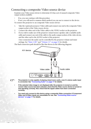 Page 26Connection 20
Connecting a composite Video source device
Examine your Video source device to determine if it has a set of unused composite Video 
output sockets available:
• If so, you can continue with this procedure.
• If not, you will need to reassess which method you can use to connect to the device.
To connect the projector to an composite Video source device:
1. Take the (optional accessory) Video cable and connect one end to the composite Video 
output socket of the Video source device.
2. Connect...