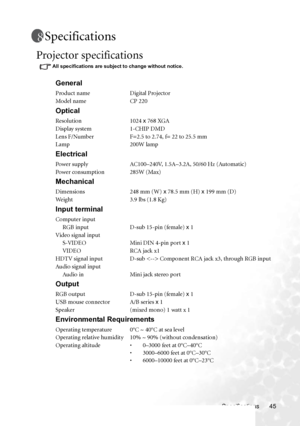 Page 51Specifications 45
Specifications
Projector specifications 
All specifications are subject to change without notice. 
General
Product name Digital Projector
Model name CP 220
Optical
Resolution 1024 x 768 XGA
Display system 1-CHIP DMD
Lens F/Number F=2.5 to 2.74, f= 22 to 25.5 mm
Lamp 200W lamp
Electrical
Power supply AC100–240V, 1.5A–3.2A, 50/60 Hz (Automatic)
Power consumption 285W (Max)
Mechanical
Dimensions 248 mm (W) x 78.5 mm (H) x 199 mm (D)
Weight 3.9 lbs (1.8 Kg)
Input terminal
Computer input...