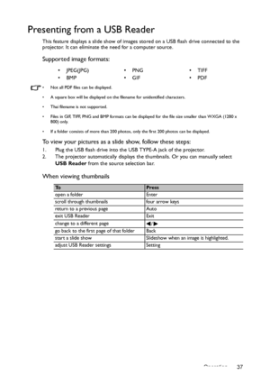 Page 37Operation 37
Presenting from a USB Reader
This feature displays a slide show of images stored on a USB flash drive connected to the 
projector. It can eliminate the need for a computer source.
Supported image formats:
•  Not all PDF files can be displayed.
•  A square box will be displayed on the filename for unidentified characters.
•  Thai filename is not supported.
•  Files in GIF, TIFF, PNG and BMP formats can be displayed for the file size smaller than WXGA (1280 x 
800) only.
•  If a folder...