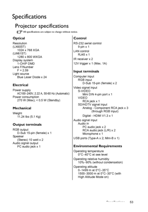 Page 53Specifications 53
Specifications
Projector specifications
All specifications are subject to change without notice.
Optical
Resolution
(LX60ST)
1024 x 768 XGA
(LW61ST)
1280 x 800 WXGA
Display system
1-CHIP DMD
Lens F/Number
F = 2.59
Light source
Blue Laser Diode x 24
Electrical
Power supplyAC100–240V, 2.22 A, 50-60 Hz (Automatic)Power consumption
270 W (Max); < 0.5 W (Standby)
Mechanical
Weight
11.24 lbs (5.1 Kg)
Output terminals
RGB output
D-Sub 15-pin (female) x 1
Speaker
(Stereo) 10 watt x 2
Audio...