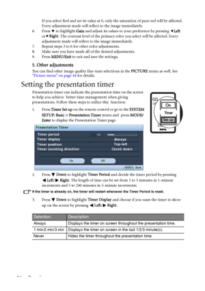 Page 34Operation 34If you select Red and set its value at 0, only the saturation of pure red will be affected. 
Every adjustment made will reflect to the image immediately.
6. Press d to highlight Gain and adjust its values to your preference by pressing eLeft 
orfRight. The contrast level of the primary color you select will be affected. Every 
adjustment made will reflect to the image immediately. 
7. Repeat steps 3 to 6 for other color adjustments.
8. Make sure you have made all of the desired adjustments....