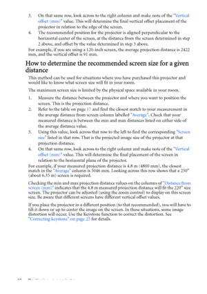 Page 16Positioning your projector 16
3. On that same row, look across to the right column and make note of the Vertical 
offset (mm) value. This will determine the final vertical offset placement of the 
projector in relation to the edge of the screen.
4. The recommended position for the projector is aligned perpendicular to the 
horizontal center of the screen, at the distance from the screen determined in step 
2 above, and offset by the value determined in step 3 above.
For example, if you are using a...