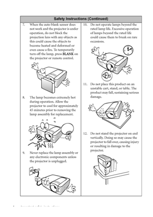 Page 4Important safety instructions 4
 
Safety Instructions (Continued)
7. When the auto blank sensor does 
not work and the projector is under 
operation, do not block the 
projection lens with any objects as 
this could cause the objects to 
become heated and deformed or 
even cause a fire. To temporarily 
turn off the lamp, press BLANK on 
the projector or remote control.
8. The lamp becomes extremely hot 
during operation. Allow the 
projector to cool for approximately 
45 minutes prior to removing the...