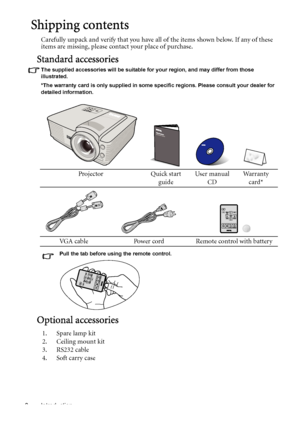 Page 8Introduction 8
Shipping contents
Carefully unpack and verify that you have all of the items shown below. If any of these 
items are missing, please contact your place of purchase.
Standard accessories
The supplied accessories will be suitable for your region, and may differ from those 
illustrated.
*The warranty card is only supplied in some specific regions. Please consult your dealer for 
detailed information.
Pull the tab before using the remote control.
Optional accessories
Projector Quick start...