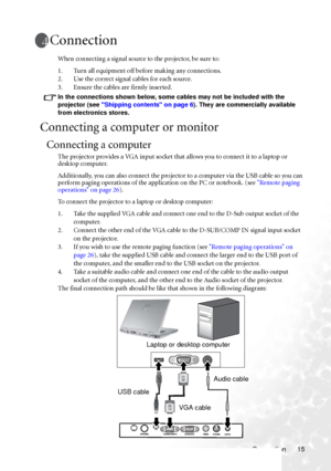 Page 21Connection 15
Connection
When connecting a signal source to the projector, be sure to:
1. Turn all equipment off before making any connections.
2. Use the correct signal cables for each source.
3. Ensure the cables are firmly inserted. 
In the connections shown below, some cables may not be included with the 
projector (see Shipping contents on page 6). They are commercially available 
from electronics stores.
Connecting a computer or monitor
Connecting a computer
The projector provides a VGA input...