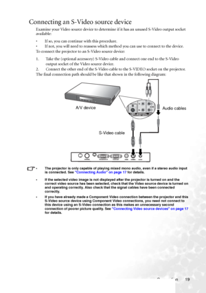 Page 25Connection 19
Connecting an S-Video source device
Examine your Video source device to determine if it has an unused S-Video output socket 
available: 
• If so, you can continue with this procedure.
• If not, you will need to reassess which method you can use to connect to the device.
To connect the projector to an S-Video source device:
1. Take the (optional accessory) S-Video cable and connect one end to the S-Video 
output socket of the Video source device.
2. Connect the other end of the S-Video cable...