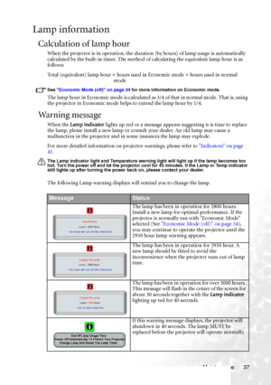 Page 43Maintenance 37
Lamp information
Calculation of lamp hour
When the projector is in operation, the duration (by hours) of lamp usage is automatically 
calculated by the built-in timer. The method of calculating the equivalent lamp hour is as 
follows:
Total (equivalent) lamp hour = hours used in Economic mode + hours used in normal 
mode
See Economic Mode (off) on page 34 for more information on Economic mode.
The lamp hour in Economic mode is calculated as 3/4 of that in normal mode. That is, using 
the...