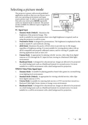 Page 33Operation 29
Selecting a picture mode
The projector is preset with several predefined 
application modes so that you can choose one to 
suit your operating environment and input 
source picture type. To select a operation mode 
that suits your need, press MODE repeatedly 
until your desired mode is selected. The picture 
modes available for different types of signals are 
listed below. 
PC Signal Input
1.Dynamic Mode (Default): Maximizes the 
brightness of the projected image. This 
mode is suitable for...