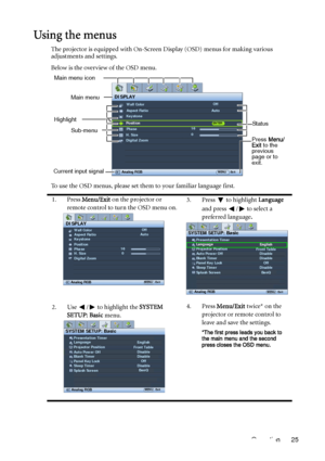 Page 25Operation 25
Using the menus
The projector is equipped with On-Screen Display (OSD) menus for making various 
adjustments and settings.
Below is the overview of the OSD menu.
To use the OSD menus, please set them to your familiar language first.
1. Press Menu/Exit on the projector or 
remote control to turn the OSD menu on.3. Press  to highlight Language 
and press  /  to select a 
preferred language.
2. Use  /  to highlight the SYSTEM 
SETUP: Basic menu.4. Press Menu/Exit twice* on the 
projector or...