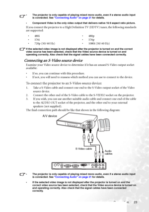 Page 29Connection 23
• The projector is only capable of playing mixed mono audio, even if a stereo audio input 
is connected. See Connecting Audio on page 21 for details.
• Component Video is the only video output that delivers native 16:9 aspect ratio picture.
If you connect the projector to a High Definition TV (HDTV) tuner, the follow ing standards 
are supported:
If the selected video image is not displayed after the projector is turned on and the correct 
video source has been selected, check that the...