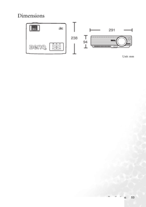 Page 59Specifications 53
Dimensions
Unit: mm
238291
94
Downloaded From projector-manual.com BenQ Manuals 