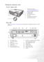 Page 13Introduction 7
Projector exterior view
Front / upper side
Rear side
Refer to Connection on page 18 for more information on making connections to various 
equipment.1. External control panel 
(See External control panel on 
page 9 for detailed information.)
2. Ventilation grill
3. Projection lens
4. Front adjuster button
5. Lens cap
6. Focus ring and Zoom ring
7. Front IR remote sensor
1
2
3
4
56
7
8. Rear adjuster foot
9. AC power cord inlet
10. Filter case
11. Rear IR remote sensor
12. USB socket
13....