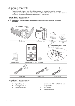 Page 10Introduction 6
Shipping contents
The projector is shipped with the cables required for connection to a PC or video 
equipment. Carefully unpack and verify that you have all of the items shown below. If any of 
these items are missing, please contact your place of purchase.
Standard accessories
The supplied accessories will be suitable for your region, and may differ from those 
illustrated.
Optional accessories
Projector Soft carry case Quick start 
guideUser manual 
CD
Pull the tab before using 
the...