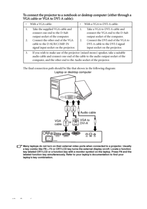 Page 22Connection 18
To connect the projector to a notebook or desktop computer (either through a 
VG A  c a b l e  o r  VG A  to  DV I - A  c a b l e ) :   
The final connection path should be like that shown in the following diagram:
Many laptops do not turn on their external video ports when connected to a projector. Usually 
a key combo like FN + F3 or CRT/LCD key turns the external display on/off. Locate a function 
key labeled CRT/LCD or a function key with a monitor symbol on the laptop. Press FN and the...