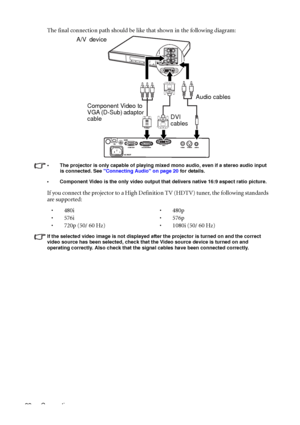 Page 26Connection 22The final connection path should be like that shown in the following diagram:
• The projector is only capable of playing mixed mono audio, even if a stereo audio input 
is connected. See Connecting Audio on page 20 for details.
• Component Video is the only video output that delivers native 16:9 aspect ratio picture.
If you connect the projector to a High Definition TV (HDTV) tuner, the following standards 
are supported:
If the selected video image is not displayed after the projector is...