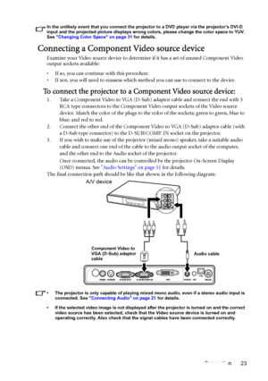 Page 23Connection 23
In the unlikely event that you connect the projector to a DVD player via the projector’s DVI-D 
input and the projected picture displays wrong colors, please change the color space to YUV. 
See Changing Color Space on page 31 for details.
Connecting a Component Video source device
Examine your Video source device to determine if it has a set of unused Component Video 
output sockets available: 
• If so, you can continue with this procedure.
• If not, you will need to reassess which method...