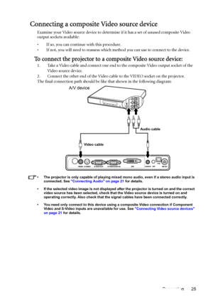 Page 25Connection 25
Connecting a composite Video source device
Examine your Video source device to determine if it has a set of unused composite Video 
output sockets available: 
• If so, you can continue with this procedure.
• If not, you will need to reassess which method you can use to connect to the device.
To connect the projector to a composite Video source device:
1. Take a Video cable and connect one end to the composite Video output socket of the 
Video source device.
2. Connect the other end of the...