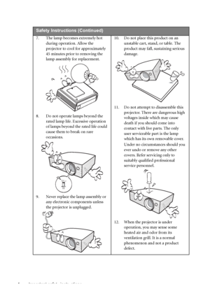 Page 4Important safety instructions 4  
Safety Instructions (Continued)
7. The lamp becomes extremely hot 
during operation. Allow the 
projector to cool for approximately 
45 minutes prior to removing the 
lamp assembly for replacement. 
8. Do not operate lamps beyond the 
rated lamp life. Excessive operation 
of lamps beyond the rated life could 
cause them to break on rare 
occasions. 
9. Never replace the lamp assembly or 
any electronic components unless 
the projector is unplugged. 10. Do not place this...