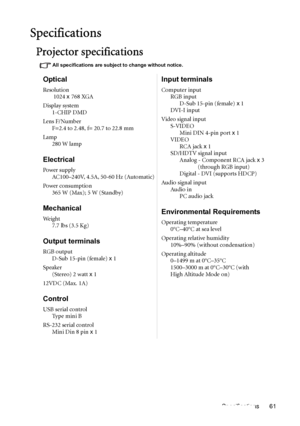 Page 61Specifications 61
Specifications
Projector specifications
All specifications are subject to change without notice.
Optical
Resolution
 1024 x 768 XGA
Display system
1-CHIP DMD
Lens F/Number
F=2.4 to 2.48, f= 20.7 to 22.8 mm
Lamp
280 W lamp
Electrical
Power supply
AC100–240V, 4.5A, 50-60 Hz (Automatic)
Power consumption
365 W (Max); 5 W (Standby)
Mechanical
We i g h t
7.7 lbs (3.5 Kg)
Output terminals
RGB output
D-Sub 15-pin (female) x 1
Speaker
(Stereo) 2 watt x 1
12VDC (Max. 1A)
Control
USB serial...