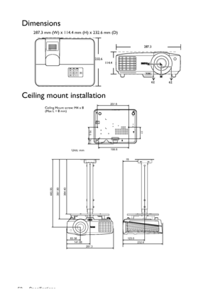 Page 52Specifications 52
Dimensions
287.3 mm (W) x 114.4 mm (H) x 232.6 mm (D)
Ceiling mount installation
287.3
232.6
114.4
62
62
445.95
397.90
364.40
83.38
141.88
232.6 123.0 78
287.3
207.6
77
76.5
34.5
199.6
Ceiling Mount screw: M4 x 8 
(Max L = 8 mm)
Unit: mm
Downloaded From projector-manual.com BenQ Manuals 