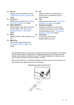 Page 13Introduction 13 Infra-Red (IR) remote control sensor is located on the front of the projector. The remote 
control must be held at an angle within 15 degrees perpendicular to the projectors IR 
remote control sensor to function correctly. The distance between the remote control 
and the sensor should not exceed 8 meters (~ 26 feet).
Make sure that there are no obstacles between the remote control and the IR sensor on 
the projector that might obstruct the infra-red beam. 14. Source
Displays the source...