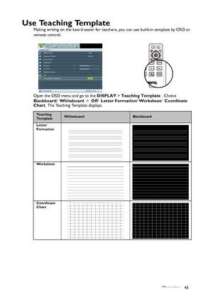 Page 43
Operation 43
U s e  Te a c h i n g  Te m p l a t e
Making writing on the board easier for teachers, you can use build-in template by OSD or 
remote control.   
Open the OSD menu and go to the  DISPLAY > Teaching Template  . Choice 
Blackboard/  Whiteboard . >  Off/  Letter Formation/ Worksheet /  Coordinate 
Chart . The Teaching Template displays.
Teaching 
TemplateWhiteboardBlackboard
Letter 
Formation
Worksheet
Coordinate 
Chart
Downloaded From projector-manual.com BenQ Manuals 