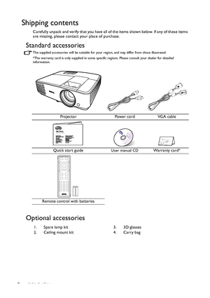 Page 8Introduction
8
Shipping contents
Carefully unpack and verify that you have all of the items shown below. If any of these items 
are missing, please contact your place of purchase.
Standard accessories
The supplied accessories will be suitable for your region, and may differ from those illustrated.
*The warranty card is only supplied in some specif ic regions. Please consult your dealer for detailed 
information.
Optional accessories
Projector Power cordVGA cable
Quick start guide
User manual CDWarranty...