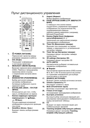 Page 11Введение11
Пульт дистанционного управления
1. POWER (ПИТАНИЕ)
Переключает проектор между 
режимами ожидания и работы.
2. Info (Инфо)
Показывает информацию 
осостоянии проектора.
3. MENU/EXIT (МЕНЮ ВЫХОД)
Включает экранное меню управления 
(OSD). Переход к предыдущему 
экранному меню и выход 
с сохранением настроек меню.
4.Влево
5. MODE/ENTER (РЕЖИМ/ВВОД)
Выбор доступного режима 
настройки изображения.
Активация выбранного пункта 
экранного меню.
6. ECO BLANK (ЭКОН. - ПУСТОЙ 
ЭК Р А Н)
Используется для...