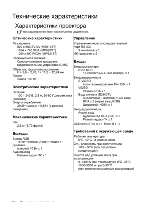 Page 56Технические характеристики
56
Тех н и ч е с к и е  характеристики
Характеристики  проектора
Все характеристики  могут  изменяться  без уведомления .
Оптические характеристики
Разрешение
800 x 600 SVGA (MS619ST)
1024 x 768 XGA (MX620ST)
1280 x 800 WXGA (MW621ST)
Проекционная  система
Однокристальное  цифровое  
микрозеркальное  устройство (DMD)
Объектив , фокусное  расстояние
F = 2,6 ~ 2,78, f = 10,2 ~ 12,24  мм
Лампа
Лампа 190  Вт
Электрические  характеристики
Питание
100 – 240  В, 2,8 A, 50-60  Гц перем...