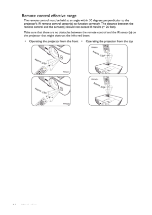 Page 14Introduction 14
Remote control effective range
The remote control must be held at an angle within 30 degrees perpendicular to the 
projectors IR remote control sensor(s) to function correctly. The distance between the 
remote control and the sensor(s) should not exceed 8 meters (~ 26 feet).
Make sure that there are no obstacles between the remote control and the IR sensor(s) on 
the projector that might obstruct the infra-red beam.
MX666+
MW665+
•  Operating the projector from the front
App
rox
. 
+
30...