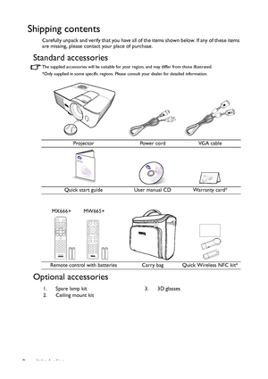 Page 8Introduction 8
Shipping contents
Carefully unpack and verify that you have all of the items shown below. If any of these items 
are missing, please contact your place of purchase.
Standard accessories
The supplied accessories will be suitable for your region, and may differ from those illustrated.
*Only supplied in some specific regions. Please consult your dealer for detailed information.
Optional accessories
Projector Power cord VGA cable
Quick start guide User manual CD Warranty card*
Remote control...